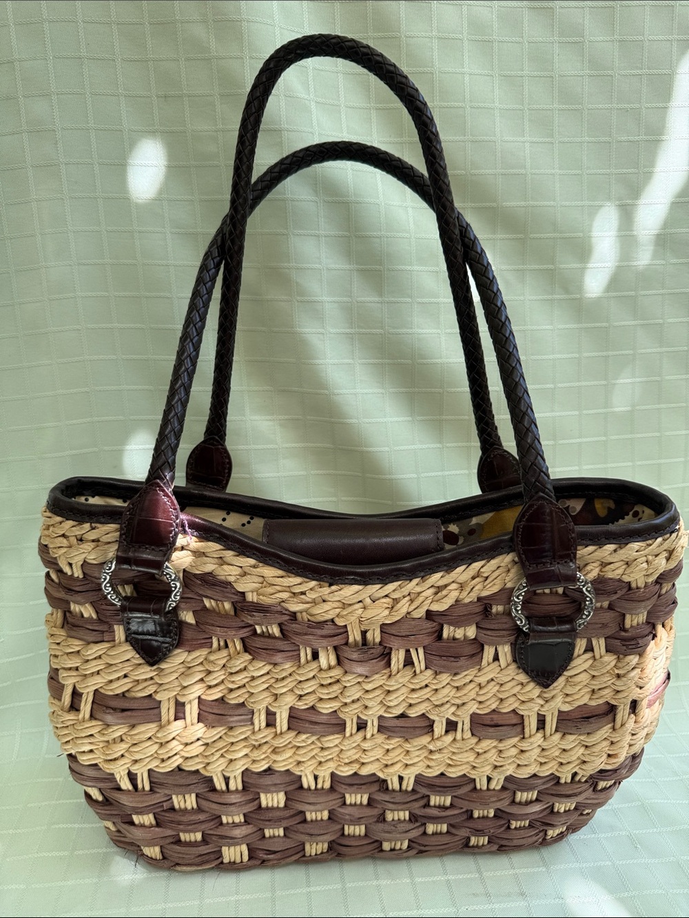 Brighton Vintage Woven Straw and Brown Leather Tote Bag with Silver Hardware